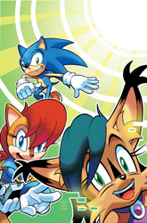 Size: 695x1050 | Tagged: safe, artist:lamar wells, artist:matt herms, nicole the hololynx, sally acorn, sonic the hedgehog, official artwork