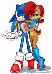 Size: 1280x1807 | Tagged: safe, artist:jamoart, sally acorn, sonic the hedgehog, duo, holding each other, sally x sonic, shipping, straight