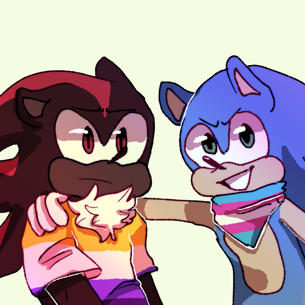 Size: 1201x1201 | Tagged: safe, artist:suyhi, shadow the hedgehog, sonic the hedgehog, 2020, alternate outfit, bandana, duo, featured image, frown, hand on another's shoulder, looking at viewer, looking offscreen, nonbinary, nonbinary pride, shirt, simple background, smile, trans male, trans pride, transgender