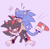 Size: 1463x1440 | Tagged: safe, artist:zeemy-wah, shadow the hedgehog, sonic the hedgehog, hedgehog, 2024, cute, duo, eyes closed, gay, heart, hugging from behind, male, mouth open, one fang, purple background, shadow x sonic, shadowbetes, shipping, simple background, smile, sonabetes, surprise hug, wagging tail