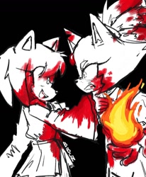 Size: 1118x1359 | Tagged: safe, artist:bombchan, amy rose, blaze the cat, 2024, amy x blaze, black and white, black background, blood, blood stain, duo, fire, flame, frown, lesbian, looking at each other, monochrome, shipping, simple background, smile, spot color