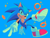 Size: 2048x1536 | Tagged: safe, artist:nolvini, sonic the hedgehog, 2024, blue background, looking at viewer, mid-air, ring, simple background, smile, solo, sparkles, treads, v sign