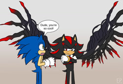 Size: 1201x819 | Tagged: safe, artist:fennecp, shadow the hedgehog, sonic the hedgehog, sonic x shadow generations, 2024, arms folded, dialogue, doom shadow, duo, english text, flat colors, gradient background, lidded eyes, looking at each other, signature, smile, speech bubble, wings