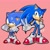 Size: 1440x1440 | Tagged: safe, artist:ssjsophia, sonic the hedgehog, hedgehog, 2024, arms folded, classic sonic, classic sonic (universe), duo, hand on hip, looking at viewer, male, modern sonic, pink background, pointing, redraw, self paradox, signature, simple background, smile, sonic generations, standing, v sign