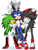 Size: 1323x1722 | Tagged: safe, artist:infinity-max, infinite the jackal, jet the hawk, shadow the hedgehog, sonic the hedgehog, 2019, annoyed, blushing, gay, group, hands on another's face, holding them, jet x sonic, kiss on hand, love triangle, one eye closed, shadow x sonic, shipping, simple background, sonfinite, sonic gets all the boys, standing, white background