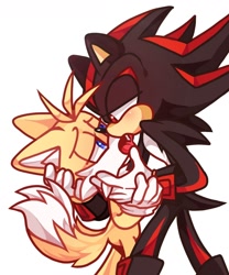 Size: 1080x1296 | Tagged: safe, artist:cup99mug33992, miles "tails" prower, shadow the hedgehog, 2024, duo, french kiss, gay, holding each other, kiss, lidded eyes, looking at each other, saliva, shadow x tails, shipping, simple background, standing, tongue out, white background