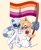 Size: 1515x1845 | Tagged: safe, artist:amipiyoart, tangle the lemur, whisper the wolf, 2024, cute, duo, eyes closed, flag, flower bouquet, holding something, lesbian, lesbian pride, lesbian tangle, lesbian whisper, pride, pride flag, shipping, signature, simple background, smile, standing, tail hold, tangle x whisper, wedding, wedding dress, wedding ring, yellow background