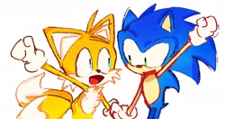 Size: 2048x1078 | Tagged: safe, artist:kuteun0, miles "tails" prower, sonic the hedgehog, 2022, duo, gay, holding hands, looking at each other, shipping, simple background, sonic x tails, white background