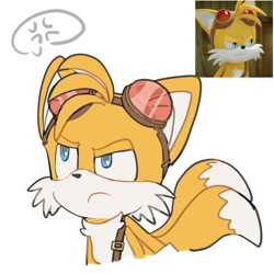 Size: 1000x1000 | Tagged: safe, artist:melida56345744, miles "tails" prower, 2024, cross popping vein, cute, frown, looking offscreen, redraw, reference inset, simple background, solo, sonic boom (tv), white background