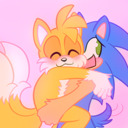 Size: 2000x2000 | Tagged: safe, artist:crazygreenfluff, miles "tails" prower, sonic the hedgehog, 2024, blushing, carrying them, cute, duo, eyes closed, gay, holding each other, pink background, shipping, simple background, smile, sonic x tails