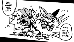 Size: 1280x720 | Tagged: safe, artist:thefantastician, kit the fennec, surge the tenrec, black and white, dialogue, duo, english text, frown, looking offscreen, speech bubble