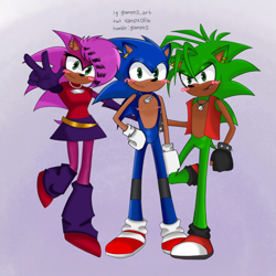 Size: 1788x1788 | Tagged: safe, artist:glampir3, sonia the hedgehog, sonic the hedgehog, blushing, brother and sister, brothers, gradient background, knee braces, looking at viewer, manic the hedgehog, siblings, signature, smile, standing, standing on one leg, top surgery scars, trans male, transgender, trio, v sign