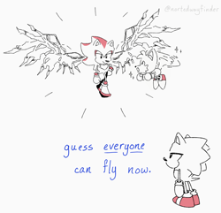 Size: 1432x1382 | Tagged: safe, artist:nortedwayfinder, miles "tails" prower, shadow the hedgehog, sonic the hedgehog, sonic x shadow generations, cute, doom shadow, flying, signature, simple background, sparkles, spinning tails, trio, wings