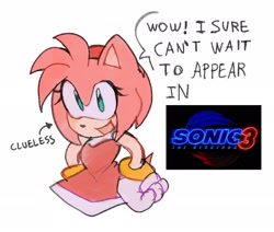 Size: 2048x1735 | Tagged: safe, artist:baichuum, amy rose, sonic the hedgehog 3 (film), 2024, dialogue, english text, hands on hips, logo, looking ahead, looking offscreen, mouth open, simple background, smile, solo, white background