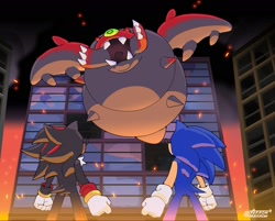 Size: 1715x1376 | Tagged: safe, artist:arrow_marrow, shadow the hedgehog, sonic the hedgehog, sonic x shadow generations, 2024, abstract background, black bull, nighttime, outdoors, trio