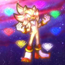 Size: 2048x2048 | Tagged: safe, artist:henrickliveson, shadow the hedgehog, super shadow, 2023, abstract background, chaos emerald, clenched teeth, flying, galaxy, looking offscreen, sharp teeth, solo, super form