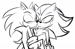 Size: 2048x1346 | Tagged: safe, artist:scoutkiin, shadow the hedgehog, sonic the hedgehog, 2024, duo, gay, greyscale, monochrome, shadow x sonic, shipping, simple background, white background