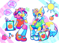Size: 2048x1518 | Tagged: safe, artist:tailsnumber1fan, amy rose, miles "tails" prower, 2024, alternate outfit, drink, duo, food, fruit, heart eyes, implied blazamy, juice box, popsicle, sitting, speech bubble, sun