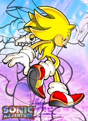 Size: 1485x2048 | Tagged: safe, artist:caraquedesenha, sonic the hedgehog, super sonic, sonic adventure, 2024, echo background, logo, solo, super form, uekawa style
