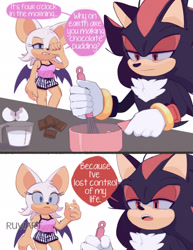 Size: 1580x2048 | Tagged: safe, artist:ruviart, rouge the bat, shadow the hedgehog, 2024, alternate outfit, comic, cooking, duo, english text, food, pudding, rugrats, simple background, speech bubble, white background