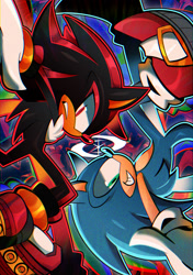 Size: 1280x1816 | Tagged: safe, artist:semeukedotcom, shadow the hedgehog, sonic the hedgehog, 2024, duo, grin, smile, upside down