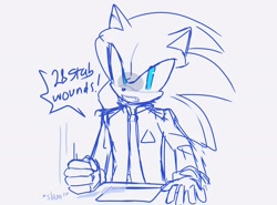Size: 2048x1516 | Tagged: safe, artist:miko_sonic, sonic the hedgehog, 2024, cosplay, crossover, detroit: become human, grey background, monochrome, simple background, solo, spot color