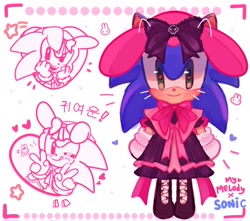 Size: 2124x1874 | Tagged: safe, artist:miko_sonic, sonic the hedgehog, 2024, alternate outfit, crossdressing, cute, double v sign, dress, heart, my melody, onegai my melody, sanrio, simple background, solo, sonabetes, white background
