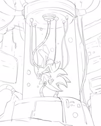 Size: 1641x2048 | Tagged: safe, artist:cyan_altar, shadow the hedgehog, 2024, floating, greyscale, monochrome, solo, stasis pod, upside down