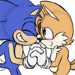 Size: 1500x1500 | Tagged: safe, artist:hyrulepirate, miles "tails" prower, sonic the hedgehog, 2024, blushing, cute, duo, eyes closed, gay, holding hands, looking at them, shipping, simple background, sketch, smile, sonic x tails, standing, wagging tail, white background