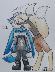 Size: 1660x2188 | Tagged: safe, artist:scrunglepaws, kit the fennec, miles "tails" prower, sails, 2024, >:(, alternate outfit, alternate universe, au:someplace (scrunglepaws), barefoot, boots, claws, clothes, duo, eyes closed, frown, gay, kit x sails, leaning on them, leg fluff, pants, paws, shipping, shirt, smile, spiked collar, traditional media