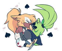 Size: 1128x923 | Tagged: safe, artist:maskofnova, surge the tenrec, whisper the wolf, blood, dagger, duo, eyes closed, floppy ears, grabbing shirt, heart, holding something, injured, kiss, lesbian, shipping, simple background, spade, sweatdrop, whisper x surge, white background, wound