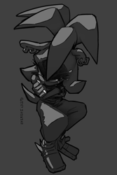 Size: 1365x2048 | Tagged: safe, artist:mauricehawkman, surge the tenrec, arms folded, crying, eyes closed, grey background, greyscale, monochrome, signature, simple background, sitting, solo, tears