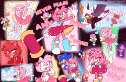 Size: 1280x836 | Tagged: safe, artist:chipistrate, amy rose, flicky, rouge the bat, sonic the hedgehog, 2024, alternate outfit, card, chaos emerald, english text, group, movie style, piko piko hammer, reference inset, tarot