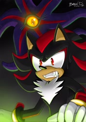 Size: 1448x2048 | Tagged: safe, artist:becci_d_artist, black doom, shadow the hedgehog, sonic x shadow generations, 2024, doom's eye, duo, gradient background, signature, sweatdrop