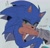 Size: 1387x1344 | Tagged: dead source, safe, artist:pineiiomi, sonic the hedgehog, 2024, arm fluff, grey background, lidded eyes, signature, simple background, sitting, smile, solo, sparkles, top surgery scars, trans male, transgender