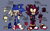 Size: 1928x1200 | Tagged: safe, artist:head---ache, shadow the hedgehog, sonic the hedgehog, 2024, alternate outfit, alternate universe, au:live and learn (head---ache), bandana, boots, character name, dark skin, duo, english text, fingerless gloves, gay, grey background, reference sheet, shadow x sonic, shipping, simple background, standing