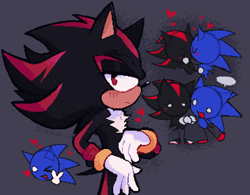 Size: 2048x1598 | Tagged: safe, artist:clydestrophy, shadow the hedgehog, sonic the hedgehog, cute, duo, frown, gay, grey background, heart, holding hands, kiss, lidded eyes, looking at viewer, shadow x sonic, shadowbetes, shipping, simple background, sonabetes, speech bubble, standing, stick figure, v sign, wink