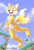 Size: 448x650 | Tagged: safe, artist:gobanire, miles "tails" prower, green hill zone, 2021, barefoot, claws, clouds, daytime, fangs, from below, hands together, looking at viewer, loop, male, mid-air, mouth open, open smile, outfit swap, paws, ring, sign, smile, solo, sunflower, watermark