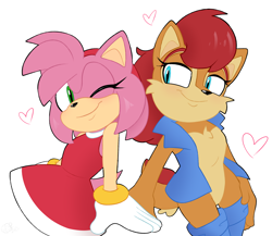 Size: 2300x2000 | Tagged: safe, artist:yoshiyoshi700, amy rose, sally acorn, heart, smile, wink