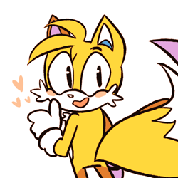 Size: 800x800 | Tagged: safe, artist:frogletcomics, miles "tails" prower, blushing, heart, looking at viewer, looking back, looking back at viewer, mouth open, simple background, smile, solo, standing, thumbs up, white background