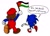 Size: 1355x974 | Tagged: safe, artist:fireyocean92, sonic the hedgehog, 2024, country flag, dialogue, duo, english text, flag, flat colors, free palestine, holding something, mario, mario & sonic at the olympic games, palestine flag, politics, simple background, speech bubble, walking, walking away, white background