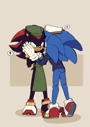 Size: 1461x2048 | Tagged: safe, artist:ccuyu03, shadow the hedgehog, sonic the hedgehog, the murder of sonic the hedgehog, 2024, duo, frown, gay, heart, holding hands, looking at each other, question mark, shadow x sonic, shipping, standing