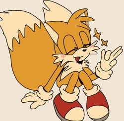 Size: 649x635 | Tagged: safe, artist:cuppylocker, miles "tails" prower, 2024, beige background, blushing, eyes closed, flat colors, mouth open, simple background, sitting, smile, solo, star (symbol)