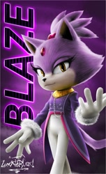 Size: 1242x2048 | Tagged: safe, artist:luxifercrux, blaze the cat, 2024, abstract background, character name, lidded eyes, looking at viewer, movie poster, movie style, signature, smile, solo, standing