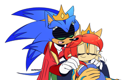 Size: 1507x972 | Tagged: safe, artist:artsriszi, artist:risziarts, sally acorn, sonic the hedgehog, 25/30 years later, au:sonic world travel, blue power pattern, crown, cyan power pattern, king sonic, marriage ring, massage, pregnant, queen sally acorn, roboticized, sally x sonic, shipping, straight, transparent background