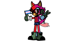 Size: 1920x1080 | Tagged: safe, artist:dextremearrow3, gadget the wolf, 2023, blushing, flag, holding something, looking at viewer, mouth open, one fang, pride flag, simple background, smile, solo, standing, trans female, trans pride, transfeminine, transgender, transparent background, v sign, wagging tail, wink