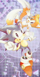 Size: 780x1495 | Tagged: safe, artist:missneens, miles "tails" prower, sonic the hedgehog, 2020, abstract background, alternate eye color, blue eyes, classic sonic, classic tails, duo, looking at viewer, mouth open, pointing, smile