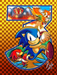 Size: 6000x7800 | Tagged: safe, artist:bullseye29, knuckles the echidna, miles "tails" prower, robotnik, sonic the hedgehog, human, 2016, angel island, checkered background, classic knuckles, classic robotnik, classic sonic, classic tails, eggmobile, fire, forest, group, mouth open, signature, smile, sonic the hedgehog 3, team sonic