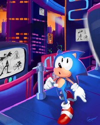 Size: 1280x1600 | Tagged: safe, artist:hypo-thermic, sonic the hedgehog, sonic mania, 2017, :o, abstract background, classic sonic, lineless, looking up, mouth open, signature, solo, studiopolis, television, walking