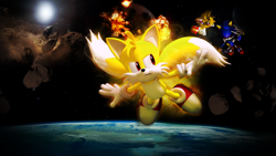 Size: 1920x1080 | Tagged: safe, artist:darkfailure, metal sonic, miles "tails" prower, sonic the hedgehog, super sonic, super tails, 2012, abstract background, explosion, flying, frown, group, robot, sonic 4: episode 2, space, super form